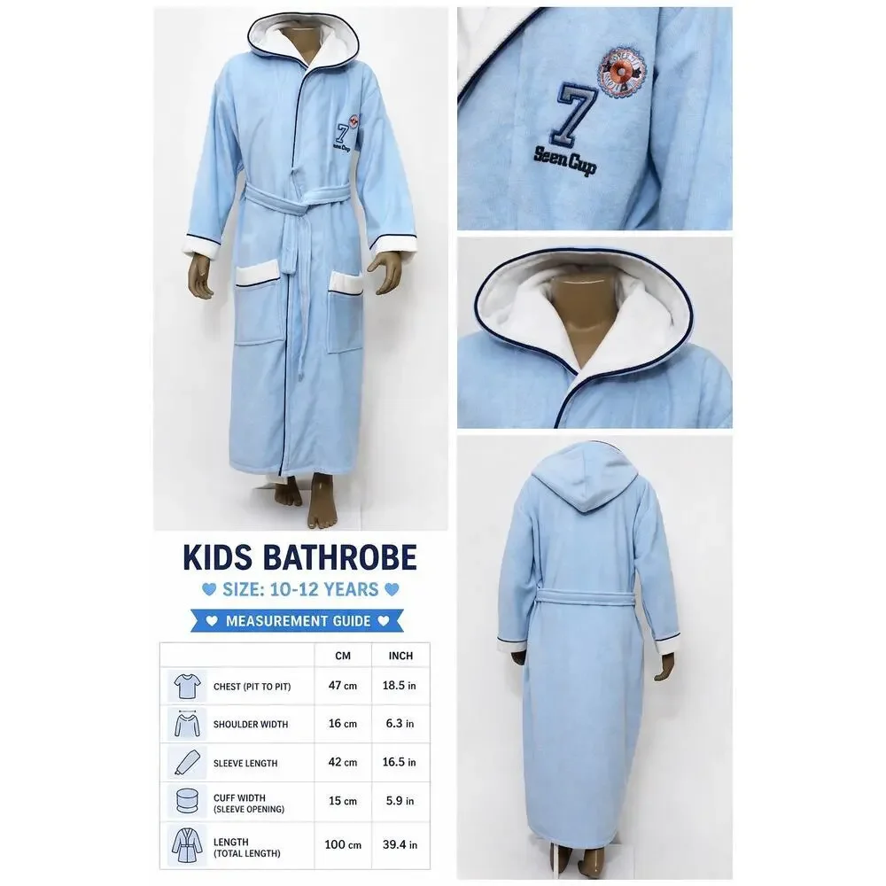 Kids Hooded Bathrobe 100% Cotton Blue 10-12Y Soft Terry Robe Belted - Picture 7 of 7